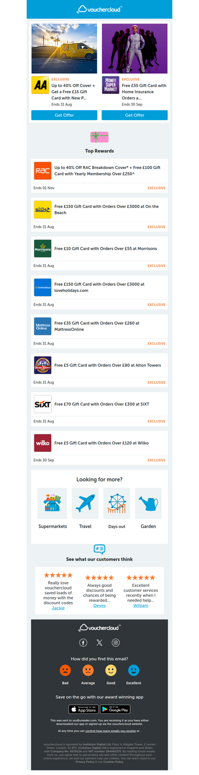 Get gift cards with your shop! MoneySuperMarket - £55 gift card • Loveholidays - £150 gift card • Alton Towers - £5 gift card + more!
