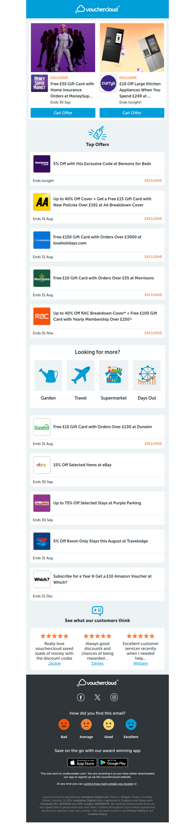 MoneySuperMarket - £55 gift card • Bensons for Beds - 5% off • RAC Breakdown - £100 gift card + more!