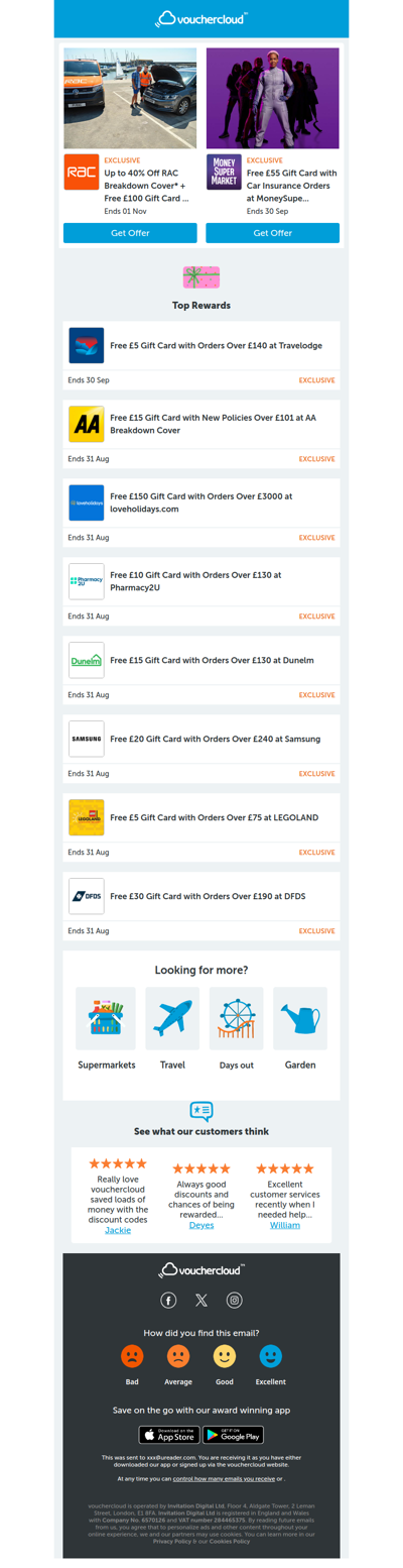 MoneySuperMarket - £55 gift card • RAC Breakdown - £100 gift card • Dunelm - £15 gift card + more!