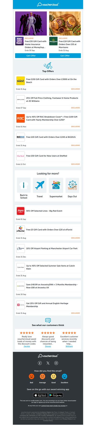MoneySuperMarket - £55 gift card • JD Williams - 25% off • On the Beach - £150 gift card  + more!