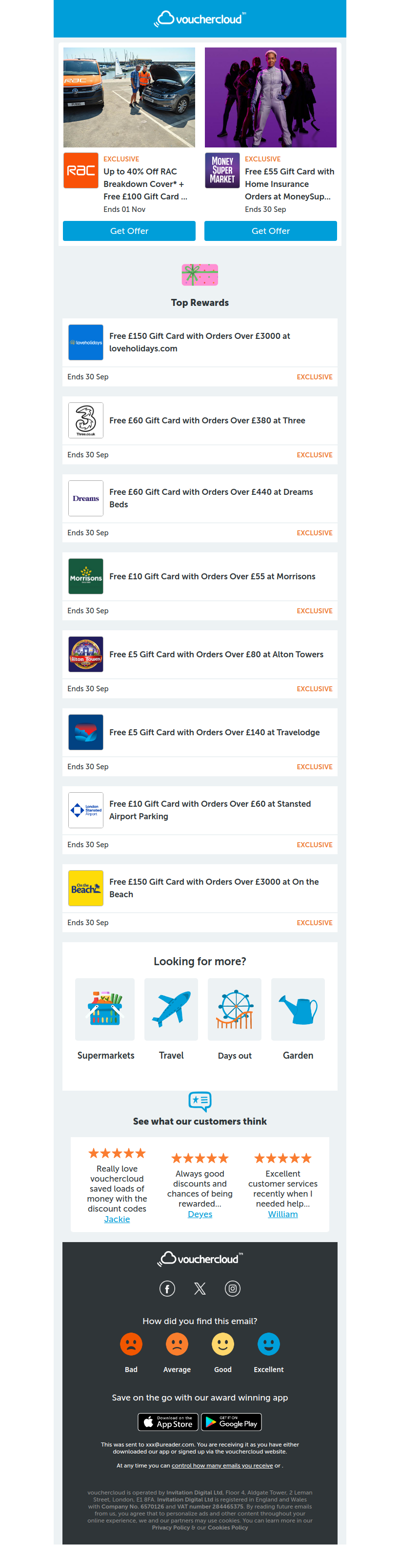 loveholidays.com - £150 gift card • RAC Breakdown - £100 gift card • Dreams - £60 gift card + more!