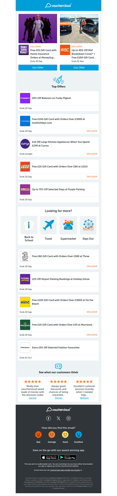 MoneySuperMarket - £55 gift card • RAC Breakdown - £100 gift card • Funky Pigeon - 20% off + more!