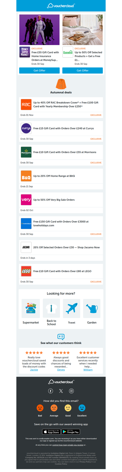 Autumn savings! 🍂 Dunelm - 50% off • B&Q - 20% off • Very - 50% off + more!