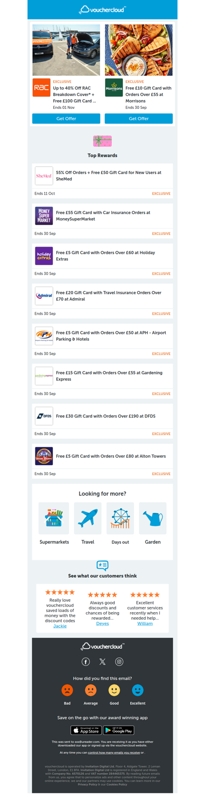 RAC Breakdown - £100 gift card • Morrisons - £10 gift card • SheMed - £55 gift card + more!