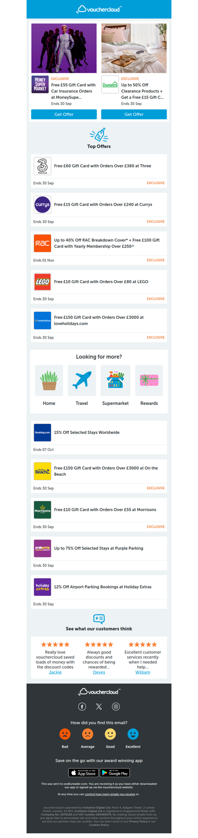 MoneySuperMarket - £55 gift card • RAC Breakdown - £100 gift card • Dunelm - £15 gift card + more!