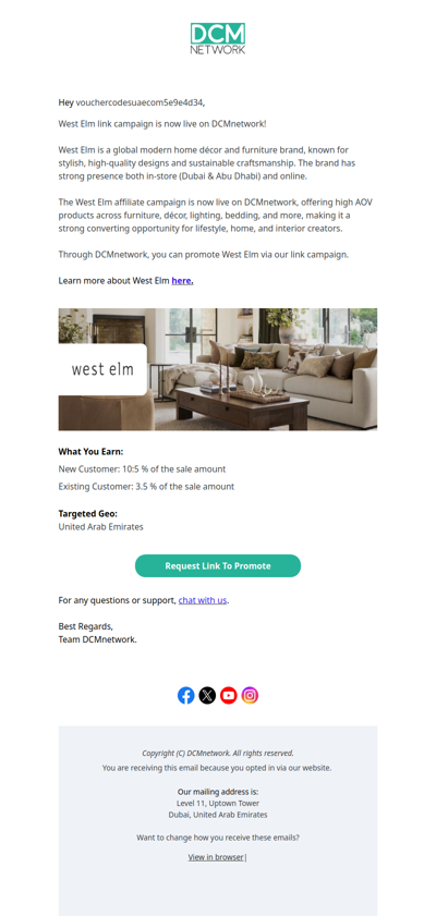 West Elm Link Offer is Now Live on DCMnetwork