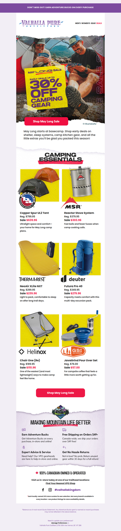 May Long deals up to 30% off camping gear 🏕️
