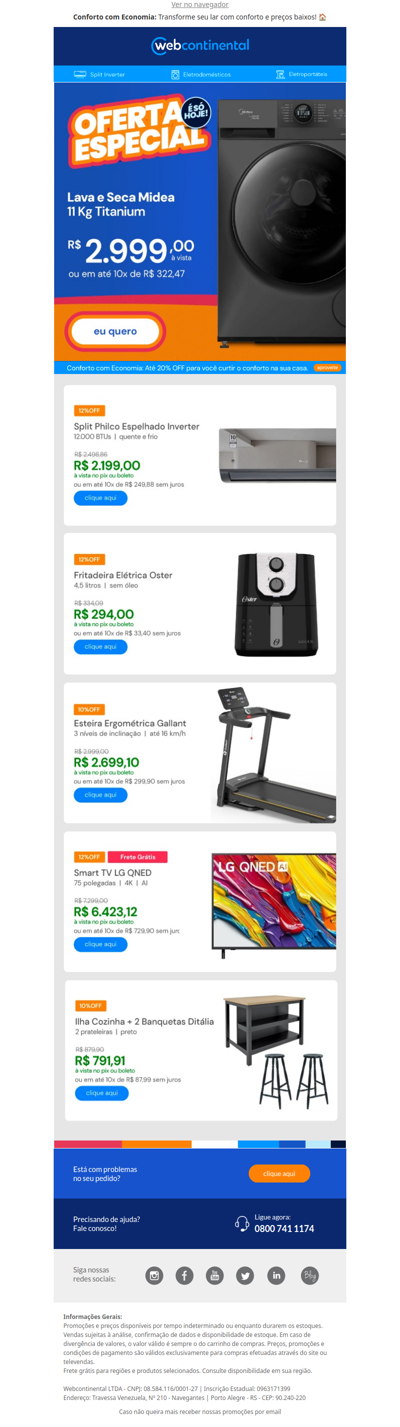 Só hoje! 📣 Lava e Seca por apenas R$2.999* e mais ofertas imperdíveis!