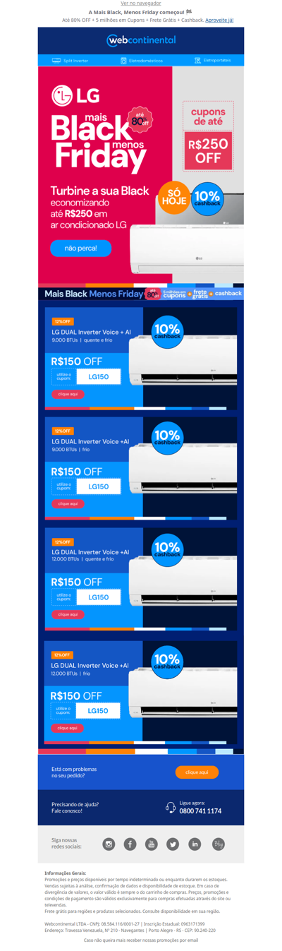 Só hoje! 🏷️ R$150 OFF + 10% de CASHBACK para levar seu Split LG DUAL Inverter Voice!