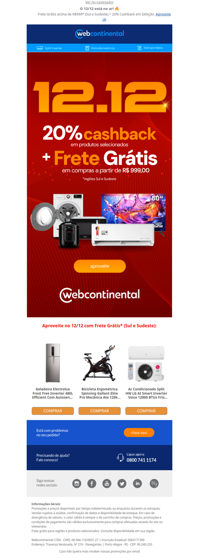 O 12/12 tá no AR 📢 FRETE GRÁTIS acima de R$999 (Sul e Sudeste) + 20% Cashback em Seleção!