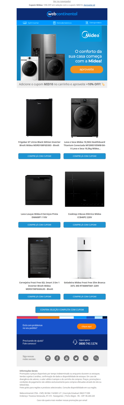 🚨 PRORROGADO: Cupom de 10% OFF em seleção MIDEA para sua casa!