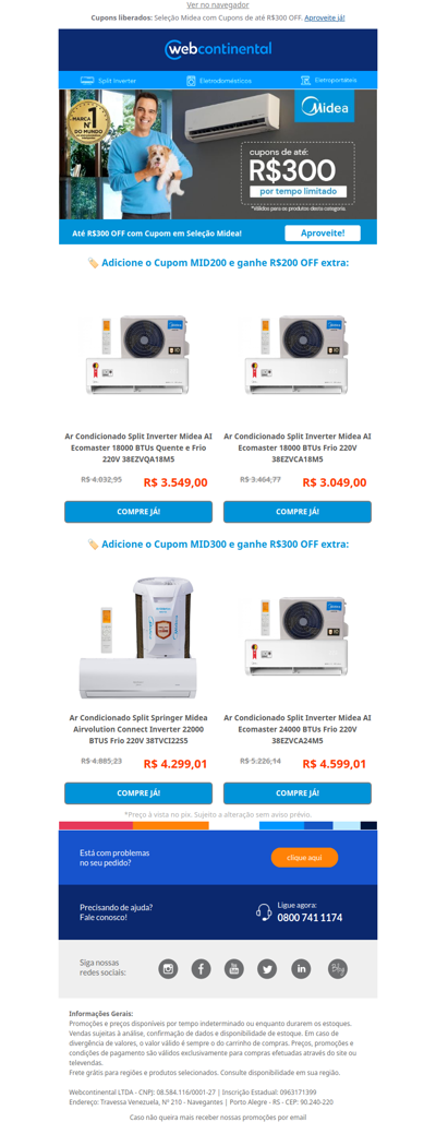 🚨 Ar Condicionado com cupom? Aqui tem até R$300 OFF em Seleção Midea!