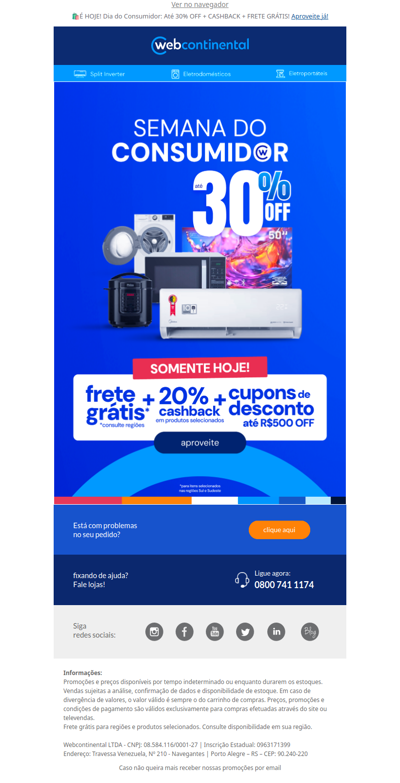 🛍️É HOJE! Dia do Consumidor: Até 30% OFF + CASHBACK + FRETE GRÁTIS em seleção!