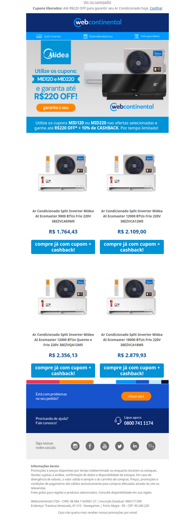 IMPERDÍVEL: Seleção Midea com Cupons + 10% de Cashback! 🤑