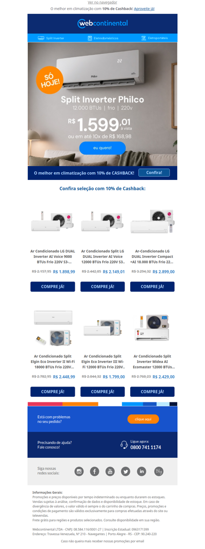 10% de CASHBACK nos mais vendidos em Ar Condicionado 🔥 Confira!