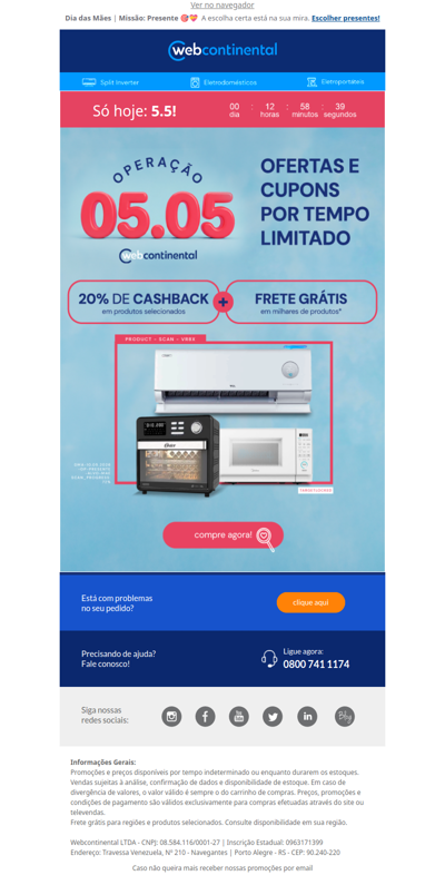 📢 5.5 com 20% de CASHBACK e Frete Grátis* em milhares de ofertas!