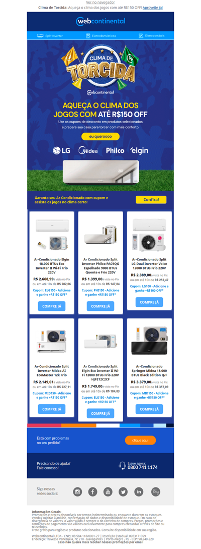 ⚽🏆 Seleção de cupons já entrou em campo com até R$150 OFF em Ar Condicionado!
