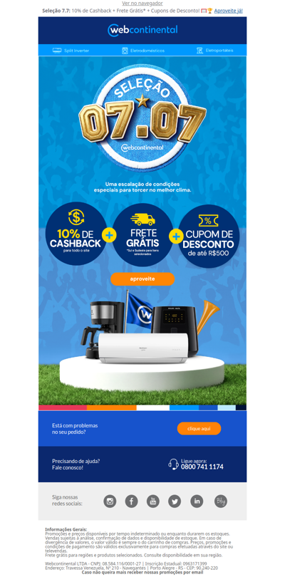 SÓ HOJE!  Seleção 7.7 ⭐: 10% CASHBACK para todo o site + Frete Grátis* + Cupons!