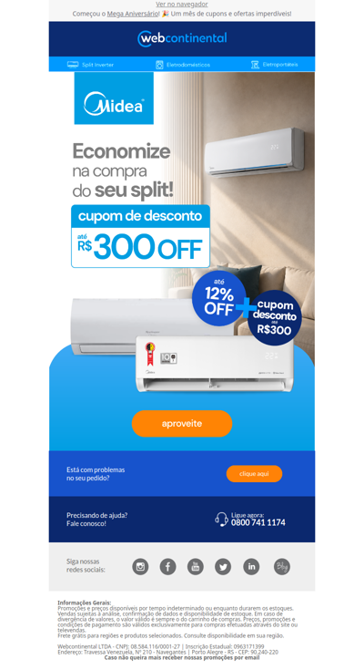 Até R$ 300 OFF na compra do seu Ar Split Midea! ❄️