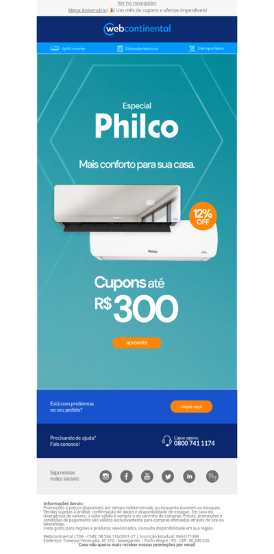 ❄️ Especial Ar Split Philco: até R$ 300 OFF!