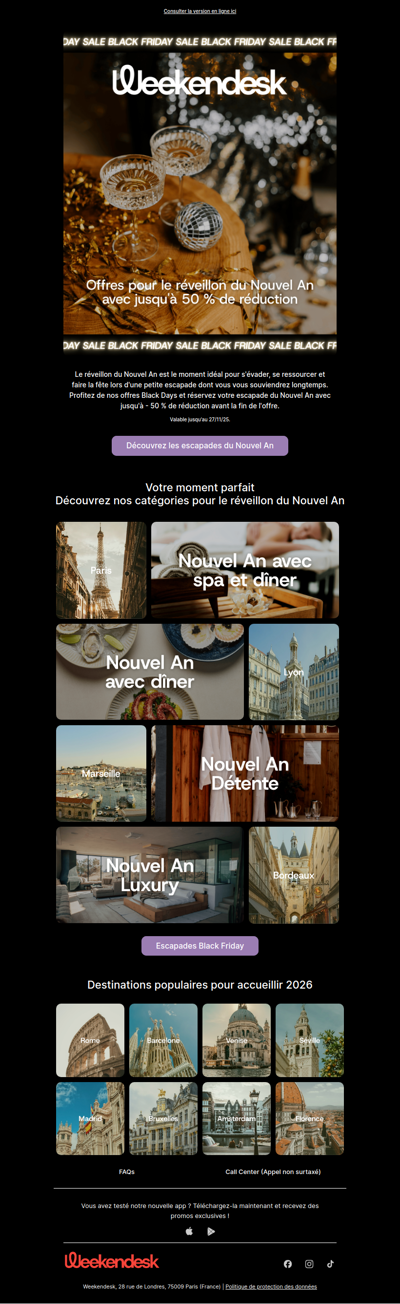 Commencez l'année 2026 en beauté avec jusqu'à 50 % de réduction sur les escapades de Nouvel An.