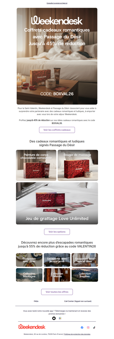 Jusqu’à 45% de réduction sur les cadeaux de Saint-Valentin avec Weekendesk et Passage du Désir