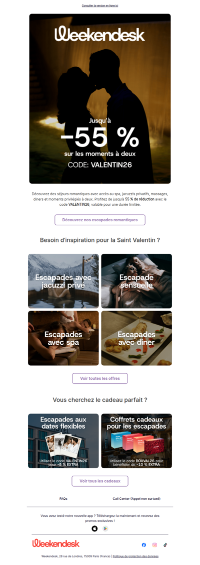 Jusqu’à 55 % de réduction sur les séjours de la Saint Valentin