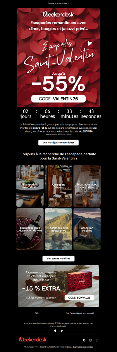 Jusqu’à -55 % sur nos séjours romantiques