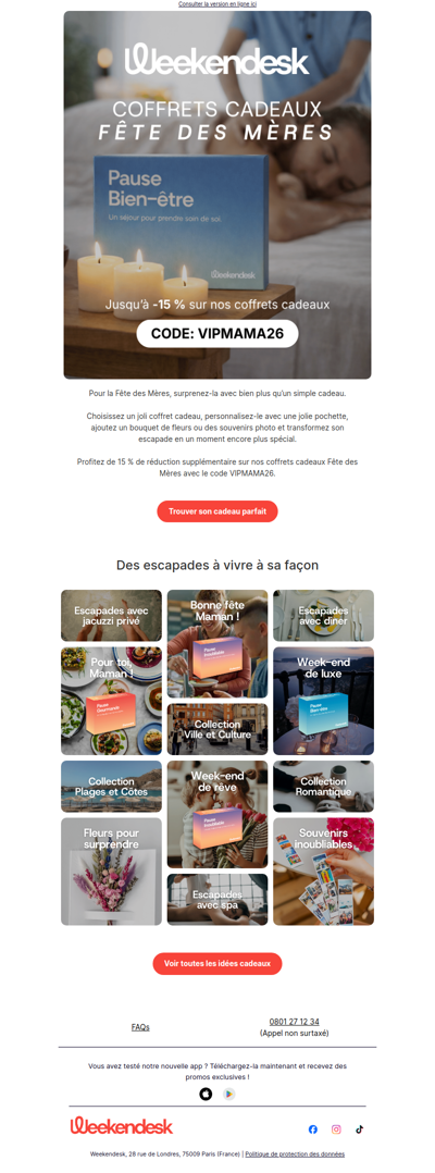 15 % de réduction supplémentaire sur les coffrets cadeaux Fête des Mères