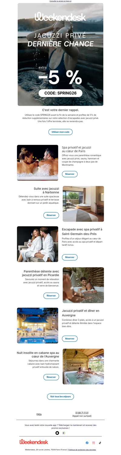 Dernière chance : -5% supplémentaires sur nos escapades avec jacuzzi privé