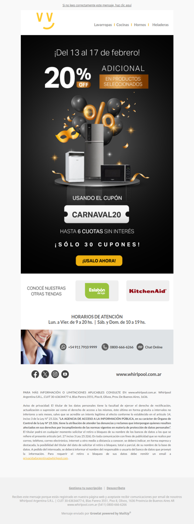 🎭 ¡Arranca el Carnaval! Solo 30 cupones del 20% OFF