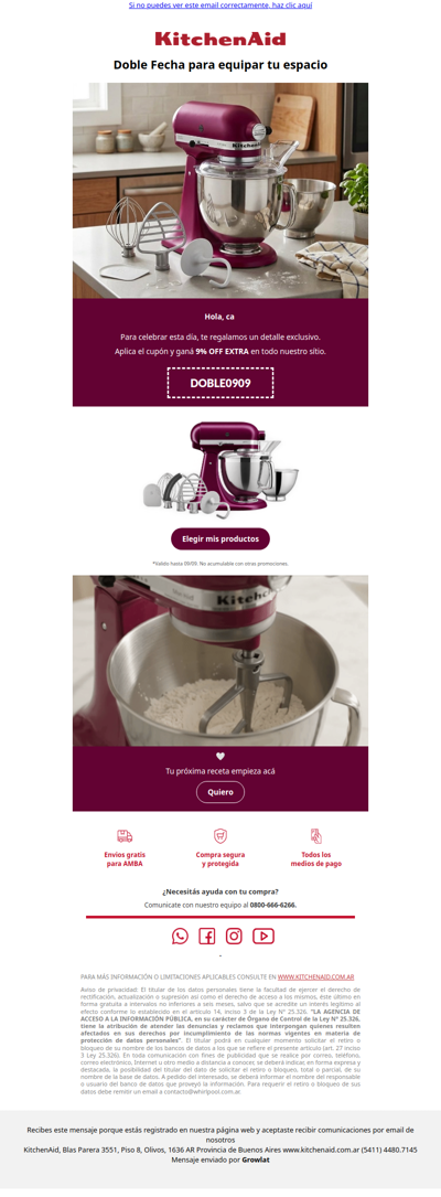 09/09: 9% OFF EXTRA en KitchenAid 💜