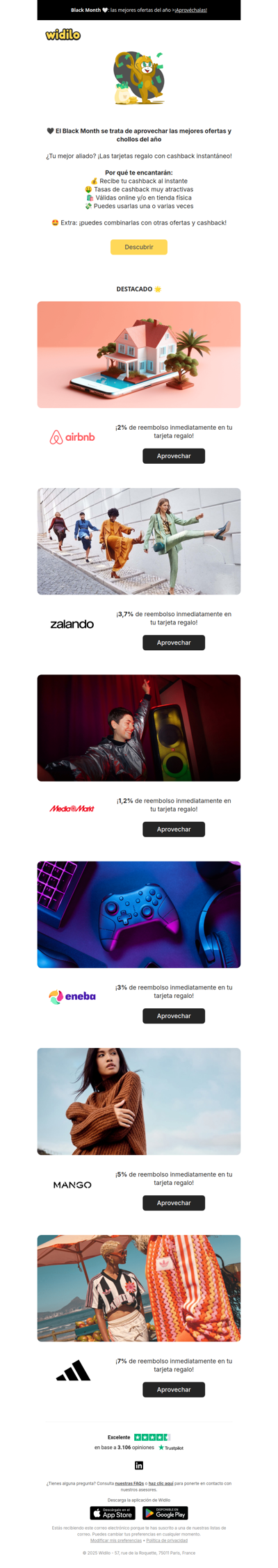 ¡Recibe tu cashback al instante con las tarjetas regalo de Widilo!