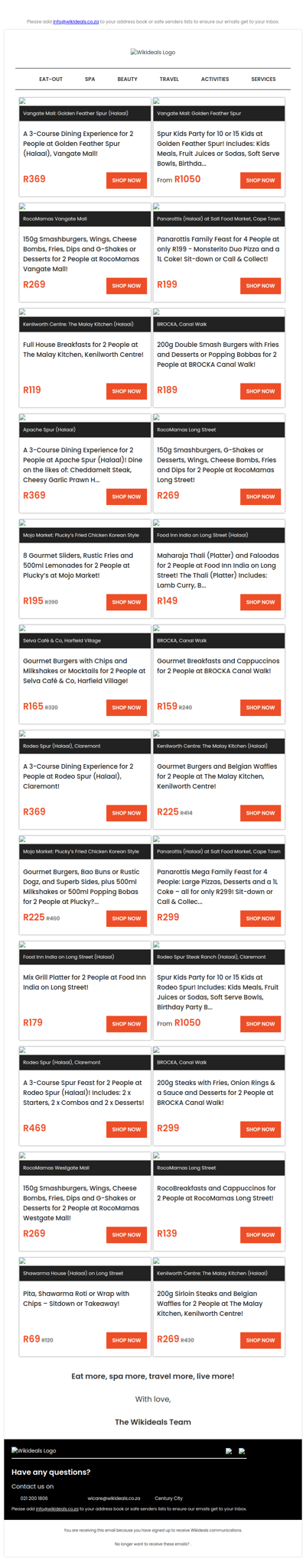 Spur Vangate Mall: 3-Course Dining Experience for 2 | Brocka: 200g Double Burgers & Desserts | Panarottis (Halaal): Pizzas, Desserts & a 1 Litre Coke