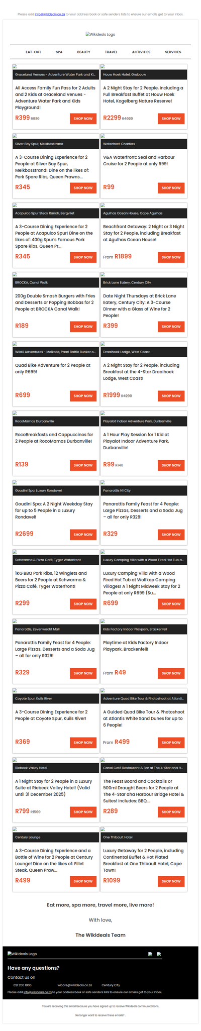 Family Pass to Graceland Water Park | Spur Bergvliet: 3-Course Dining Experience for 2 | Houw Hoek Hotel: Getaway for 2, including Buffet Breakfast