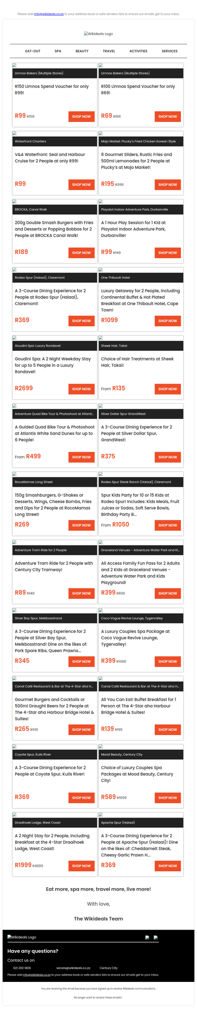 Limnos: R150 Spend Voucher | V&A Waterfront: Seal & Harbour Cruise | Sliders, Fries & Drinks at Pluckys | SPUR GrandWest: 3-Course Dining Experience