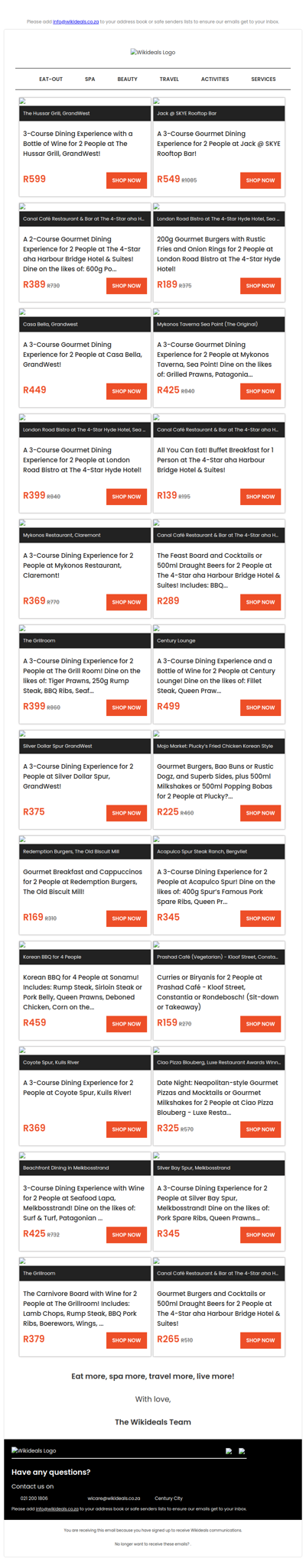 Eat-Out: Hussar Grill | London Road Bistro | Canal Café | Mykonos Taverna | Casa Bella | The Grill Room | Skye Rooftop Restaurant | Ciao Pizza