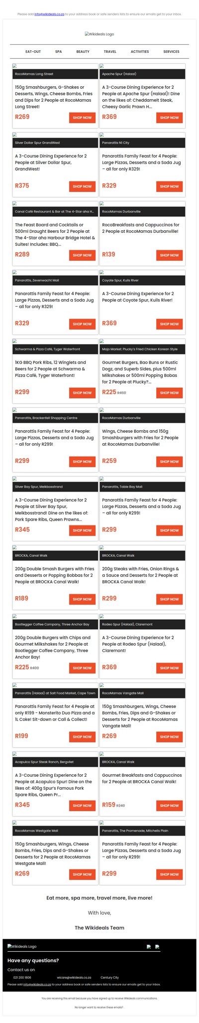 Eat Out: RocoMamas on Long Street | Spur GrandWest | Panarottis N1 City | Spur Melkbosstrand | Panarottis Zevenwacht Mall | RocoMamas Durbanville