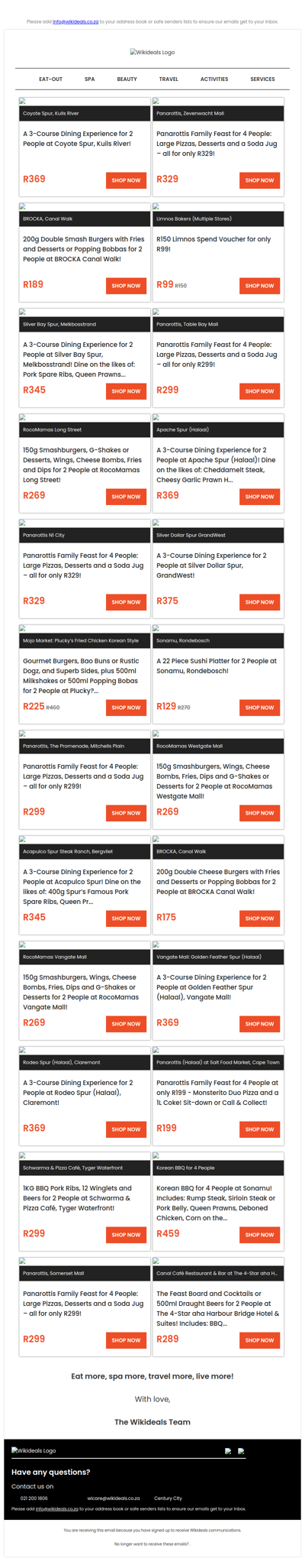 Eat Out: Spur GrandWest | Spur Zevenwacht Mall | Panarottis N1 City | RocoMamas on Long Street | Brocka | Spur Melkbosstrand | Limnos Bakers