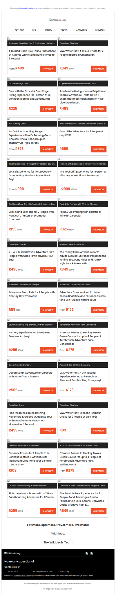 Fun & Adventure: Quad Bike | Sip & Paint Evening | Croc Cage Dive | Seal & Harbour Cruise | Kayaking | Zip Line | Jet Ski | Horse Riding | Archery