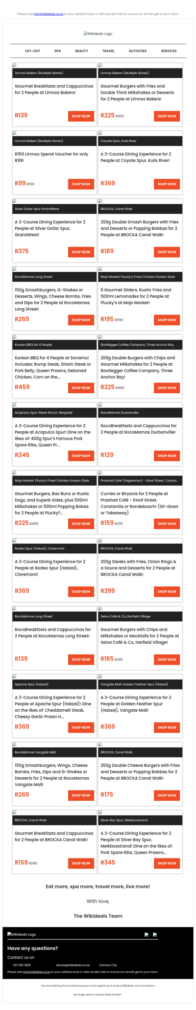 Limnos Bakers: Breakfast & Cappuccinos or Gourmet Burgers & Desserts | Brocka: 200g Steaks & Desserts | Spur GrandWest: 3-Course Dining Experience