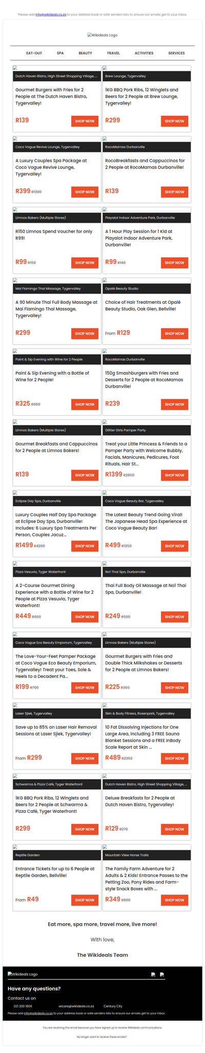 Tygervalley: Gourmet Burgers with Fries at Dutch Haven Bistro | 1kg BBQ Ribs, Winglets & Beers at Brew Lounge | Couples Spa Package at Coco Vogue