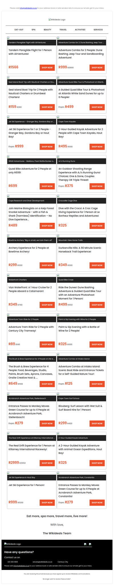 Paraglide Flight off Signal Hill | Dune Bashing Jeep Tour and Sandboarding Adventure | Quad Bike | Crocodile Cage Dive | Kayaking in Hout Bay