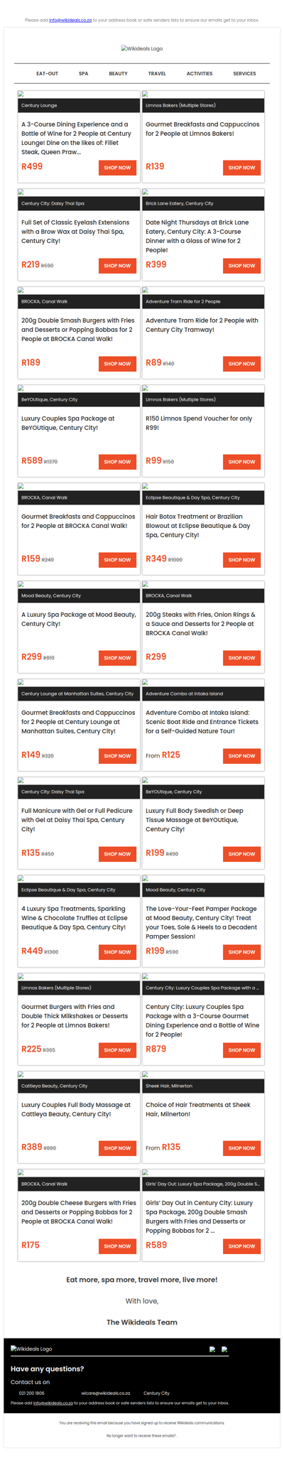 Century City: R150 Limnos Bakers Spend Voucher | Luxury Couples Spa Package at Mood Beauty | 3-Course Dining Experience with Wine at Century Lounge