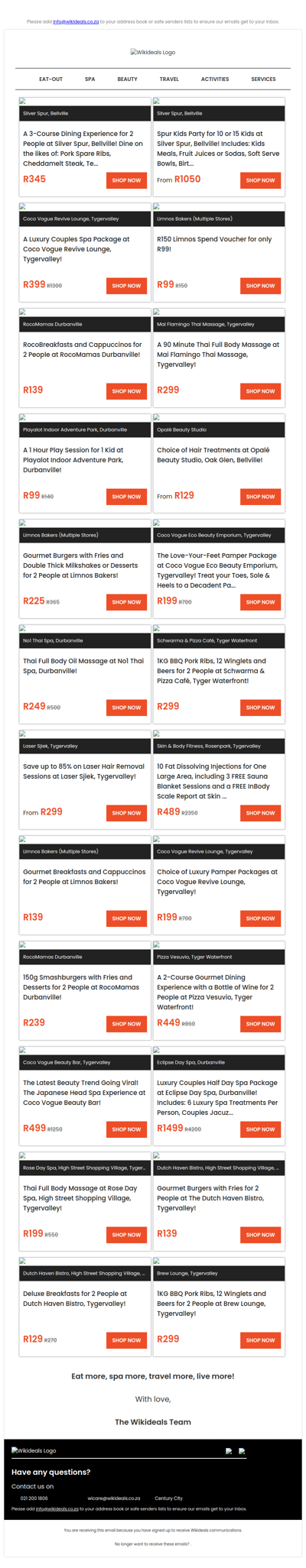 SPUR Bellville: 3-Course Dining Experience for 2 People OR a SPUR Kids Birthday Party for up to 15 Kids | Luxury Couples Spa Package at Coco Vogue