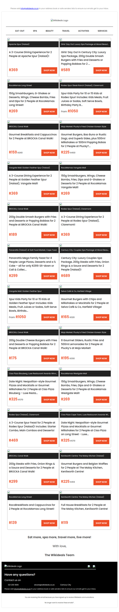 Spur (Halaal): 3-Course Dining Experience for 2 | Brocka: 200g Gourmet Burgers & Desserts | RocoMamas (Halaal): Wings, Bombs, Burgers & Desserts