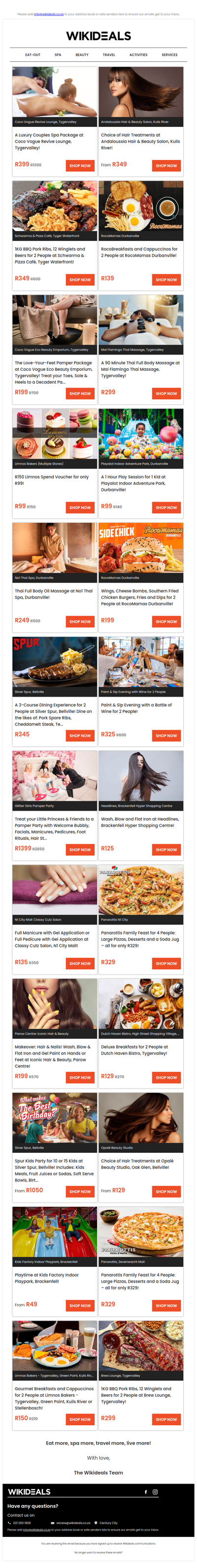 Tygervalley: Couples Spa Package at Coco Vogue | Durbanville: Breakfast & Cappuccinos at RocoMamas | N1 City: Manicure or Pedicure at Classy Cutz