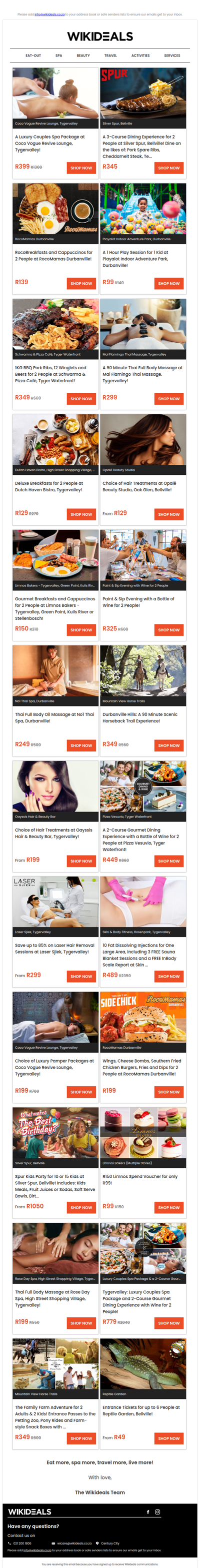 Tygervalley: Couples Spa Package at Coco Vogue | Durbanville: Breakfast & Cappuccinos at RocoMamas | Spur Bellville: 3-Course Dining Experience for 2