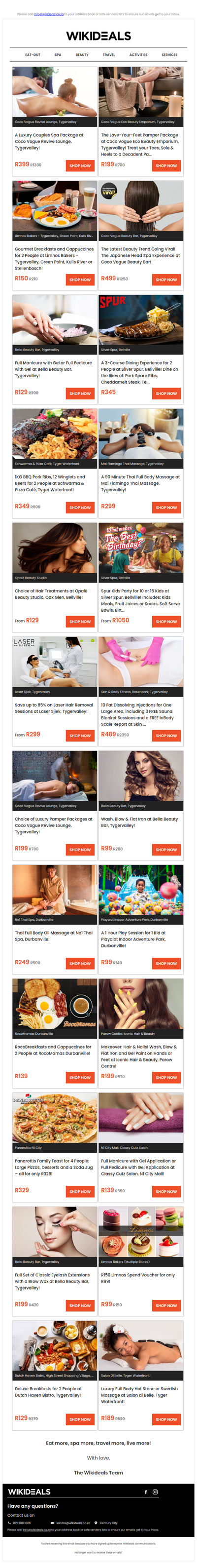 Tygervalley: Couples Spa Package at Coco Vogue | Durbanville: Breakfast & Cappuccinos at RocoMamas | N1 City: Mani or Pedi with Gel at Classy Cutz