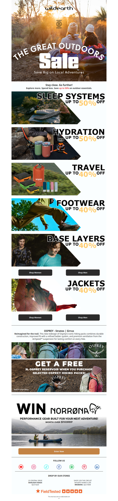 Short trips, big adventures. Outdoor essentials up to 50% off. 🔥